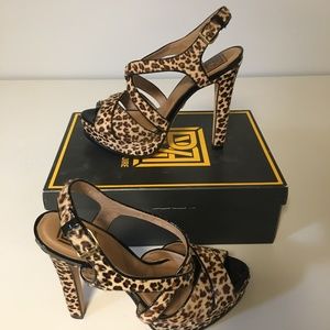 Pour la Victoire Calf Hair Leopard Print Sandals